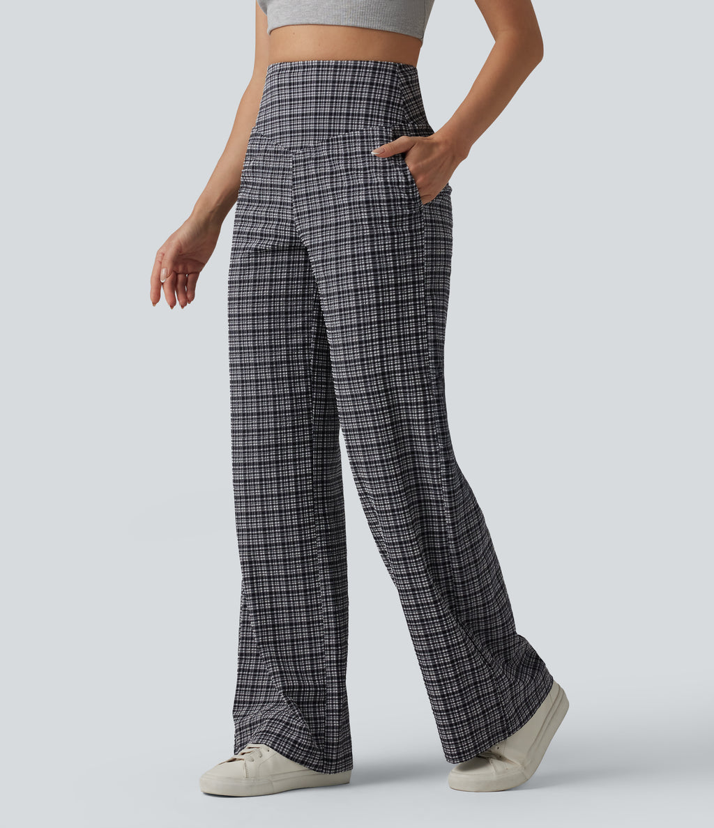 High Waisted Tummy Control Plaid Crinkle Quick Dry Casual Wide Leg Trousers with Pockets — Ink-Snow Weave Plaid — view 3