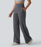 High Waisted Tummy Control Plaid Crinkle Quick Dry Casual Wide Leg Trousers with Pockets — Ink-Snow Weave Plaid — view 3