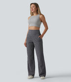 High Waisted Tummy Control Plaid Crinkle Quick Dry Casual Wide Leg Trousers with Pockets — Ink-Snow Weave Plaid — view 7