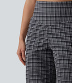 High Waisted Tummy Control Plaid Crinkle Quick Dry Casual Wide Leg Trousers with Pockets — Ink-Snow Weave Plaid — view 5