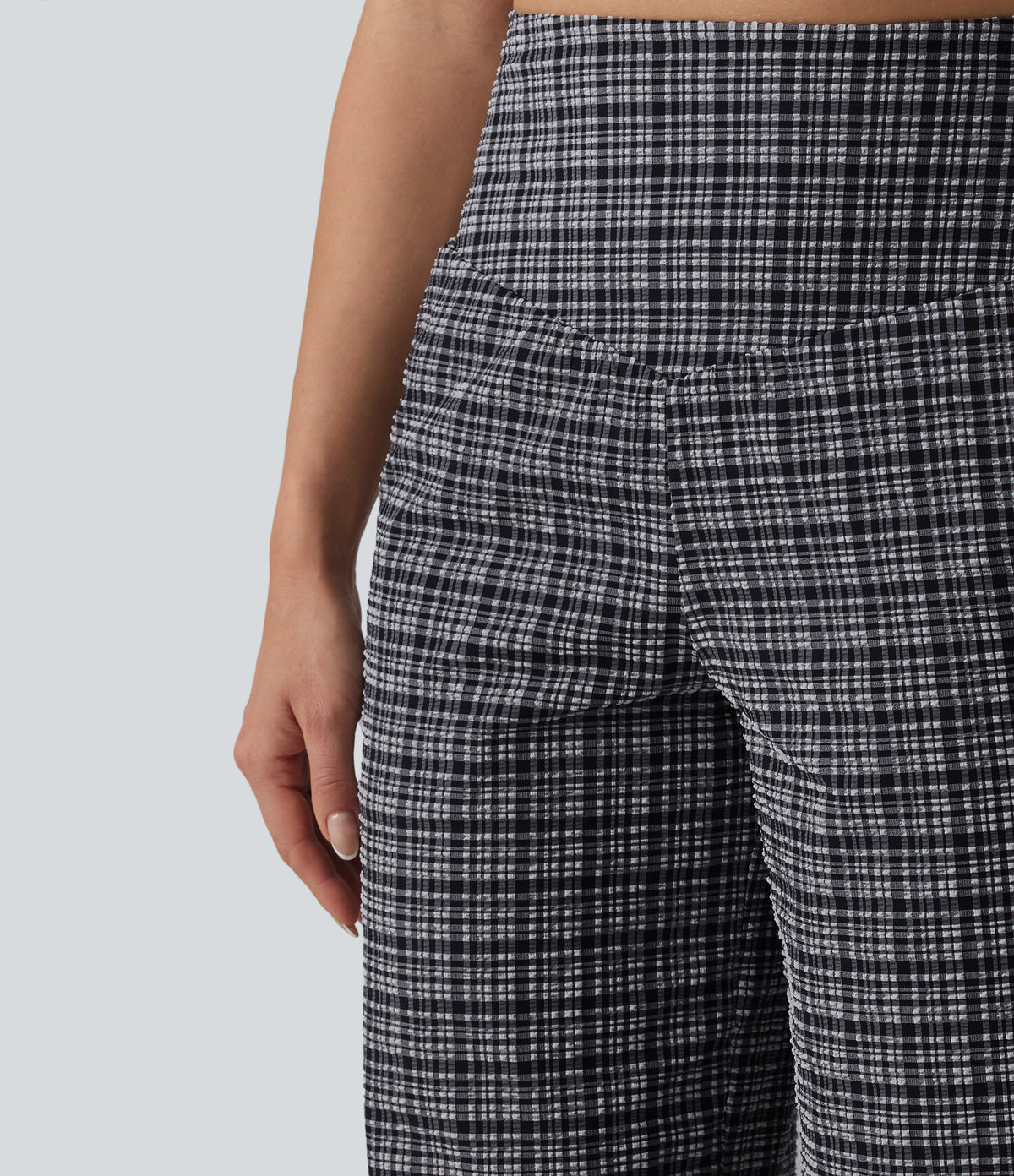 High Waisted Tummy Control Plaid Crinkle Quick Dry Casual Wide Leg Trousers with Pockets — Ink-Snow Weave Plaid — view 5
