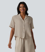 Notched Short Sleeve Relaxed Lyocell Linen-Blend Casual Shirt — Island Fossil — view 4
