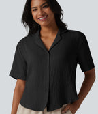 Notched Short Sleeve Relaxed Lyocell Linen-Blend Casual Shirt — Black — view 6