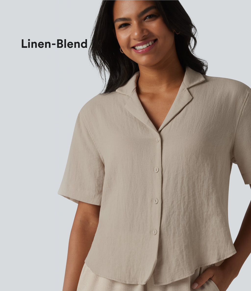 Notched Short Sleeve Relaxed Lyocell Linen-Blend Casual Shirt — Island Fossil — view 1