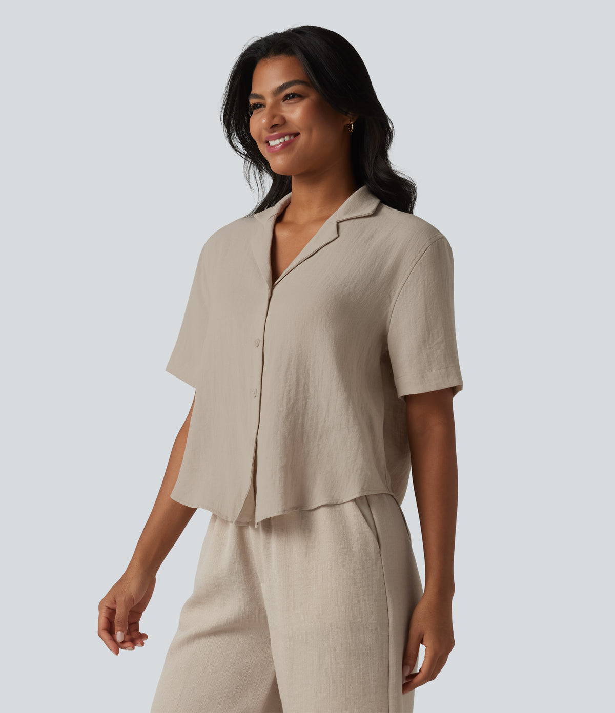 Notched Short Sleeve Relaxed Lyocell Linen-Blend Casual Shirt — Island Fossil — view 3