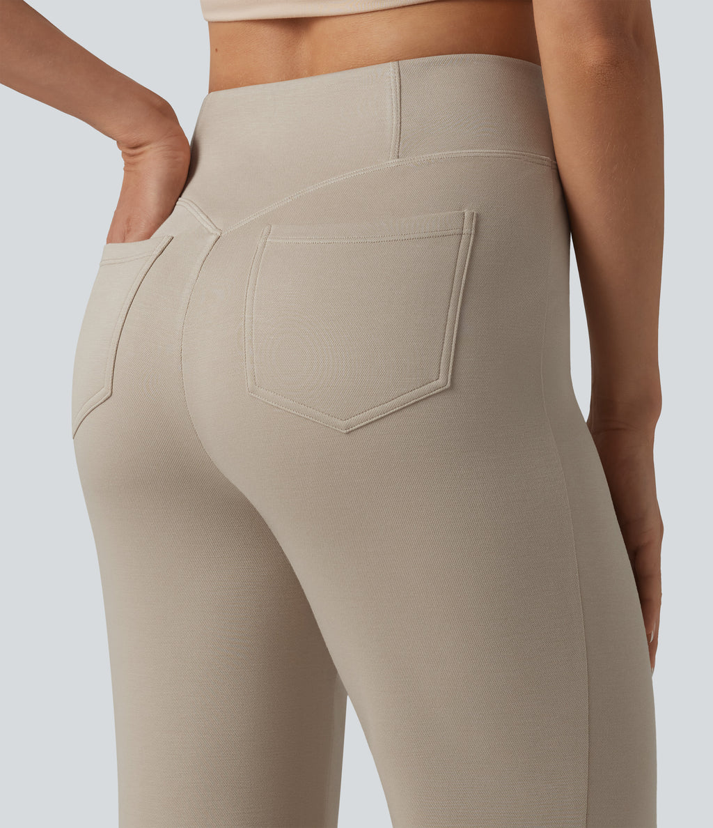 SpacerTek Crossover High Waisted Casual Flare Trousers with Pockets — Feather Gray — view 6