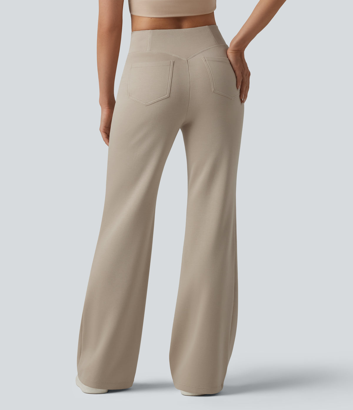 SpacerTek Crossover High Waisted Casual Flare Trousers with Pockets — Feather Gray — view 2