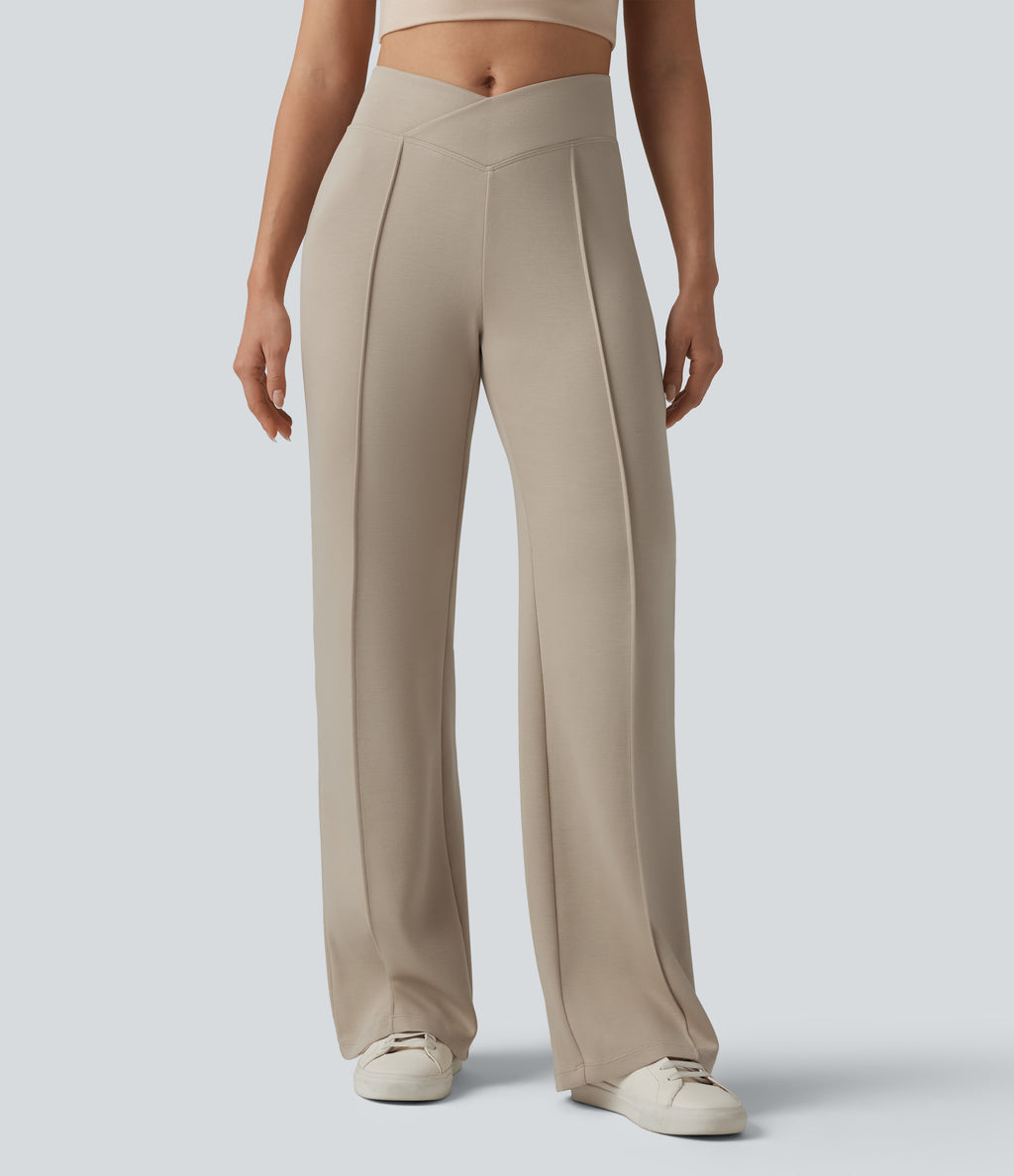SpacerTek Crossover High Waisted Casual Flare Trousers with Pockets — Feather Gray — view 3