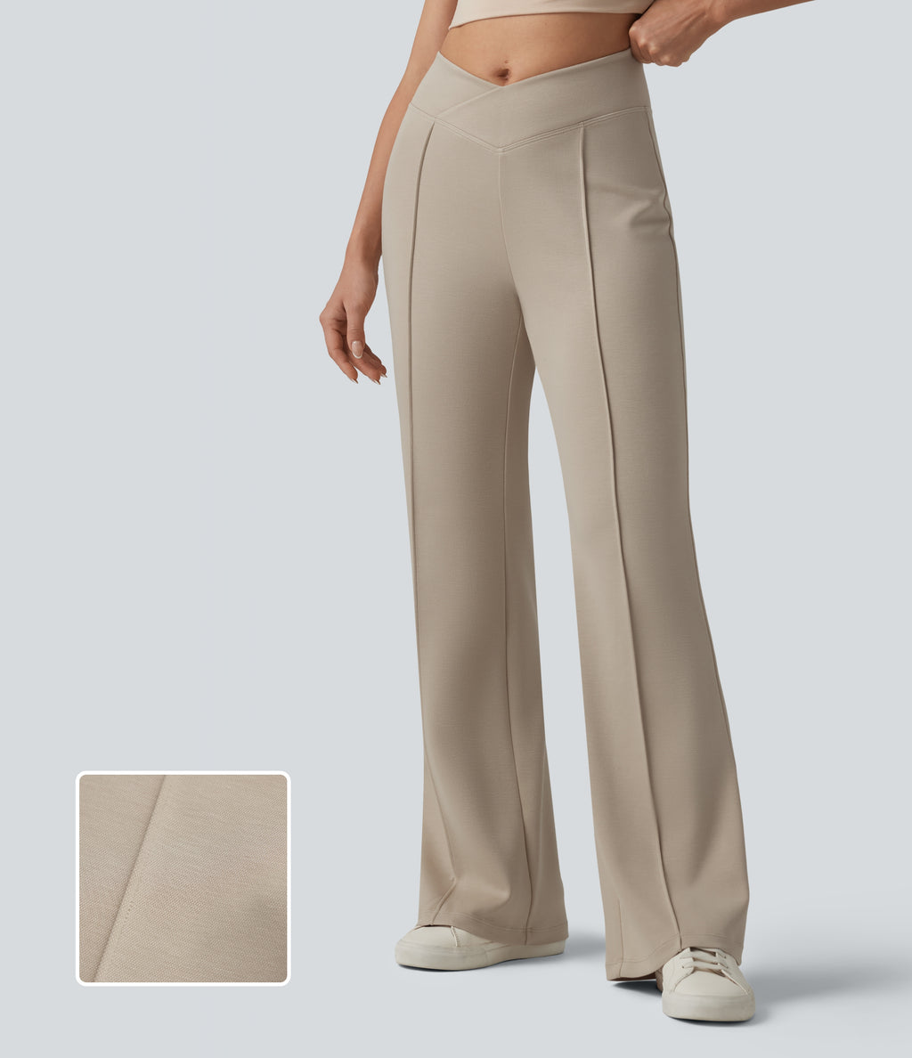 SpacerTek Crossover High Waisted Casual Flare Trousers with Pockets — Feather Gray — view 1
