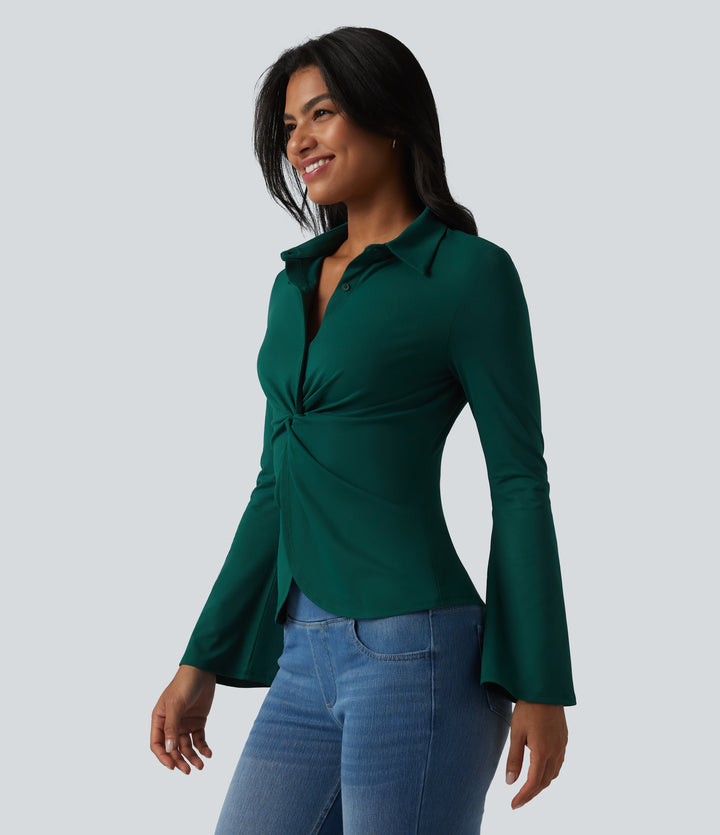 Flounce Long Sleeve Work Shirt — Rain Forest — view 1