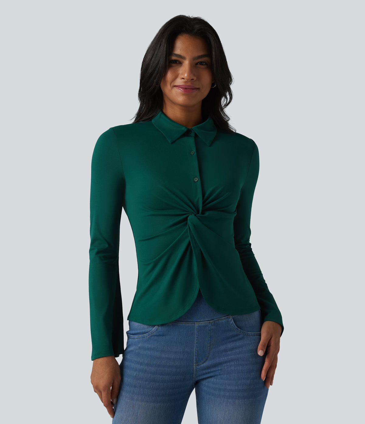 Flounce Long Sleeve Work Shirt — Rain Forest — view 4