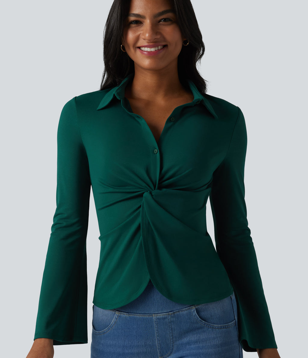 Flounce Long Sleeve Work Shirt — Rain Forest — view 5