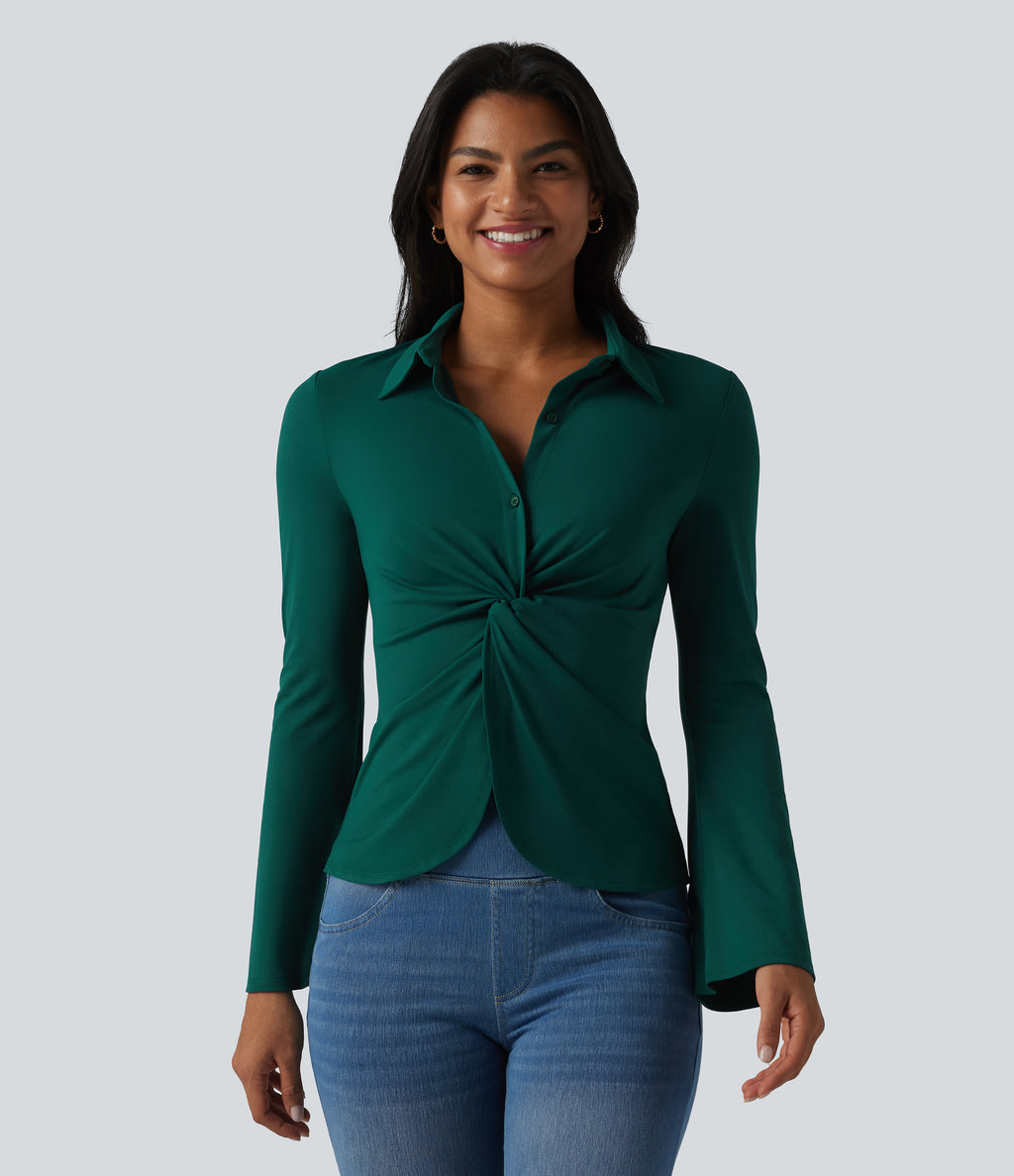 Flounce Long Sleeve Work Shirt — Rain Forest — view 3