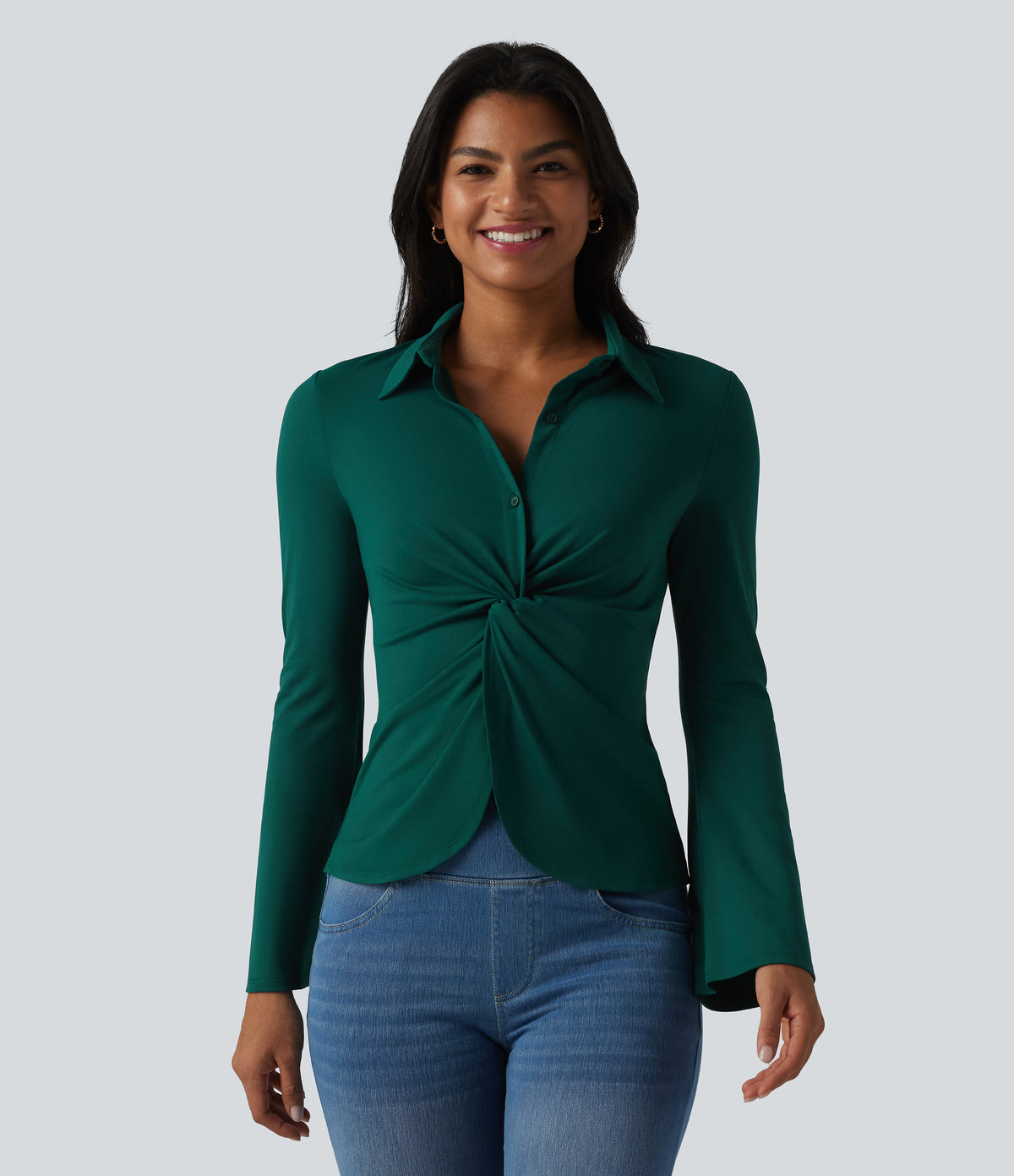 Flounce Long Sleeve Work Shirt — Rain Forest — view 3