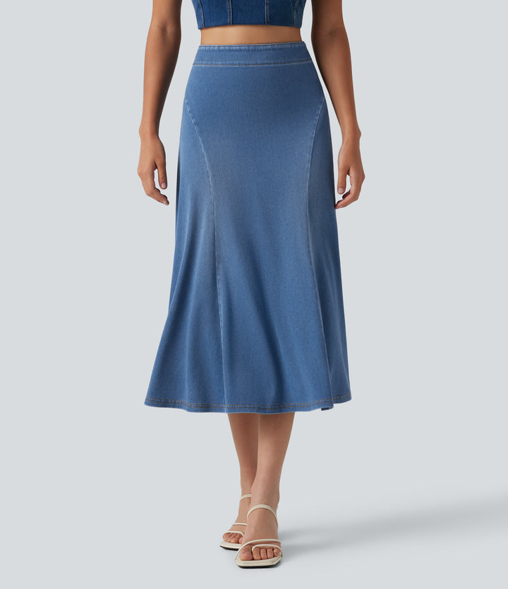 Denim High Waisted Midi Draped Lyocell Washed Casual Mermaid Skirt — Blue Jasper Denim — view 8