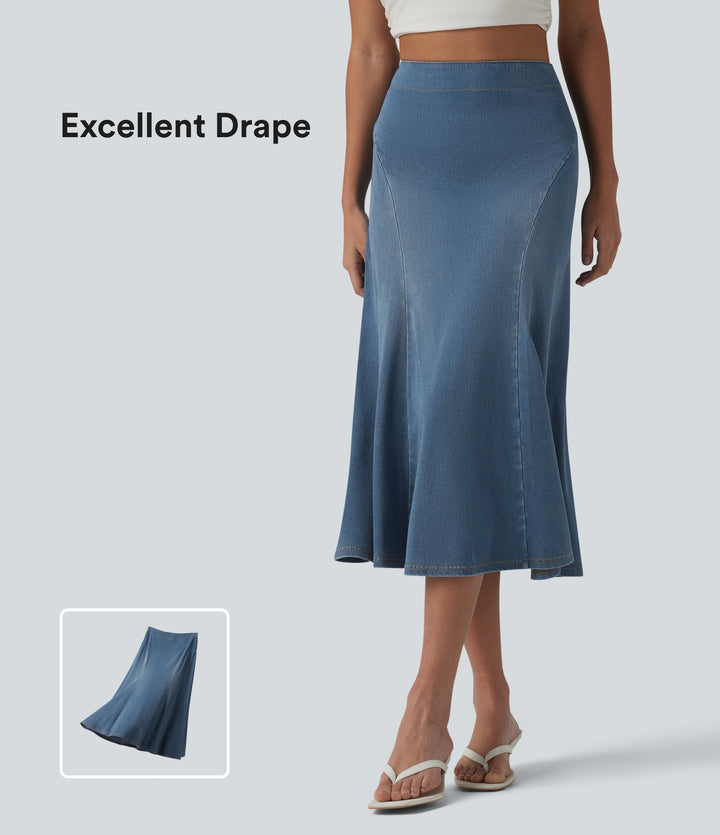 Denim High Waisted Midi Draped Lyocell Washed Casual Mermaid Skirt — Malibu Blue Denim — view 1