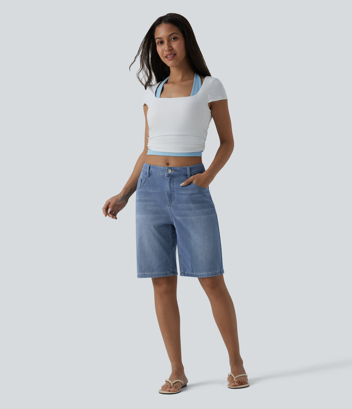 Mid Rise Denim Casual Bermuda Shorts with Pockets — Blue Jasper Denim — view 6