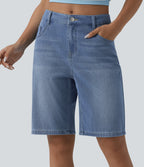 Mid Rise Denim Casual Bermuda Shorts with Pockets — Blue Jasper Denim — view 2