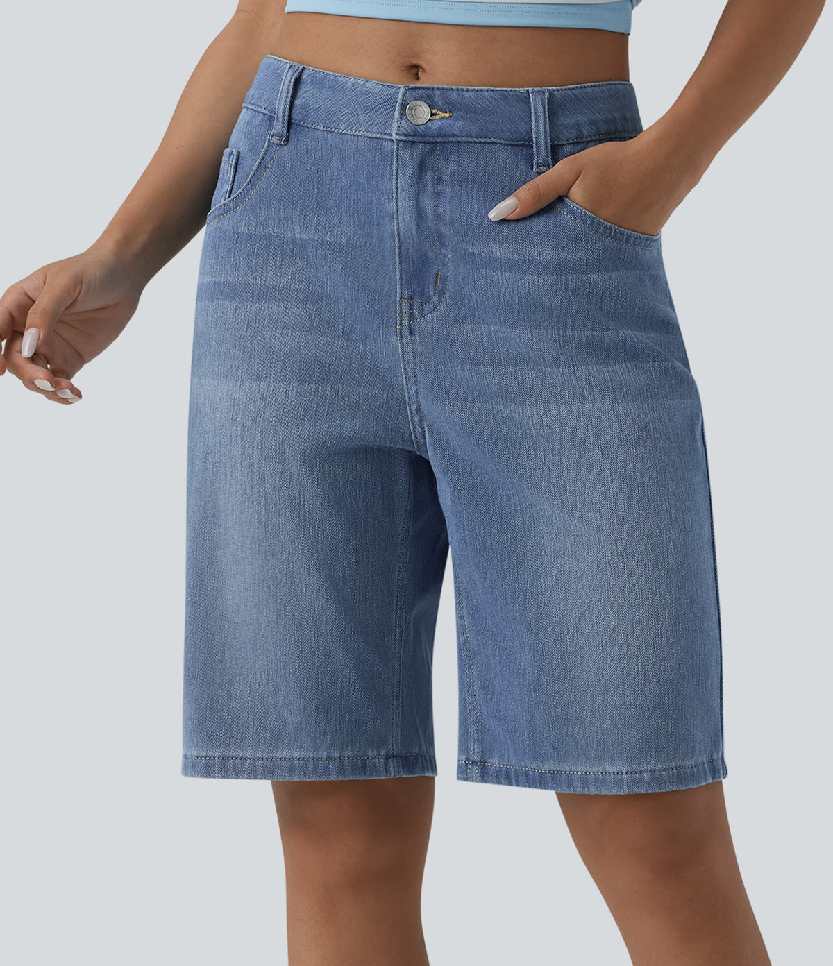 Mid Rise Denim Casual Bermuda Shorts with Pockets — Blue Jasper Denim — view 2