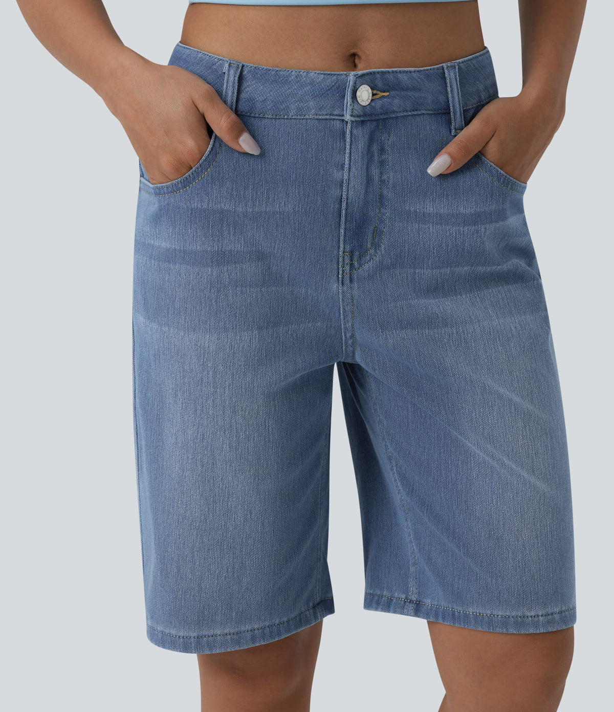 Mid Rise Denim Casual Bermuda Shorts with Pockets — Blue Jasper Denim — view 4
