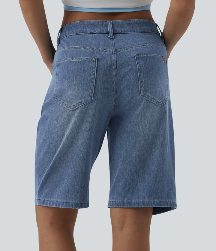 Mid Rise Denim Casual Bermuda Shorts with Pockets — Blue Jasper Denim — view 1