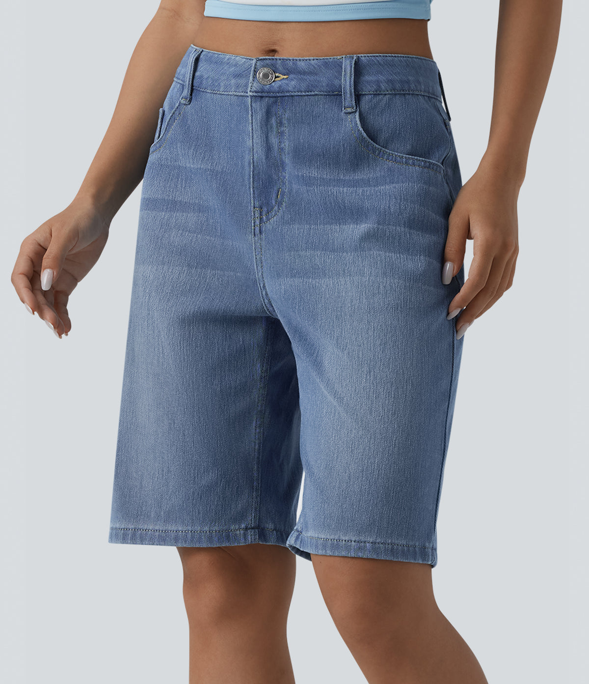 Mid Rise Denim Casual Bermuda Shorts with Pockets — Blue Jasper Denim — view 3