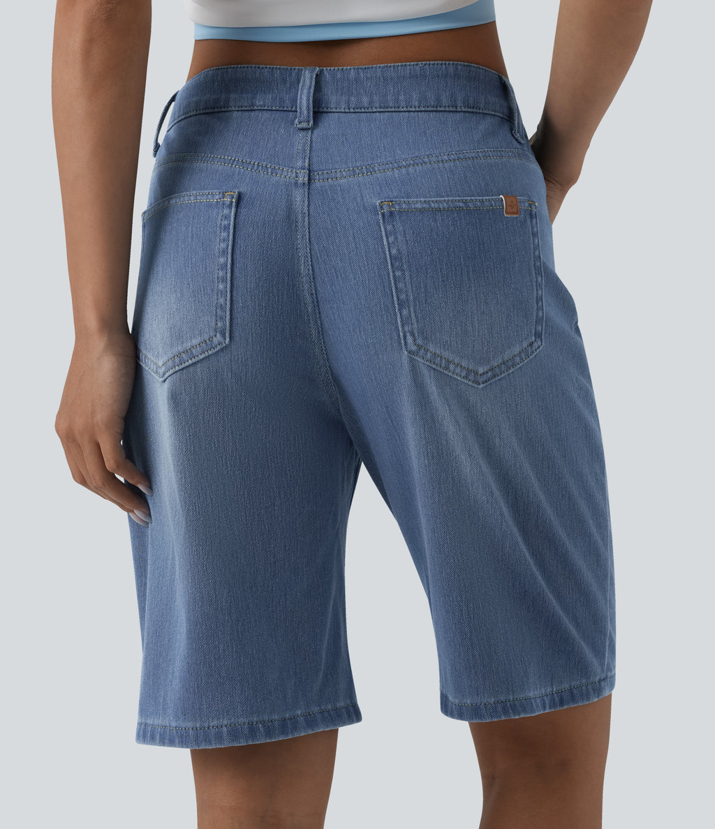 Mid Rise Denim Casual Bermuda Shorts with Pockets — Blue Jasper Denim — view 5