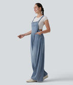 Adjustable Straps Draped Lyocell Casual Baggy Dungarees with Pockets — Malibu Blue Denim — view 3