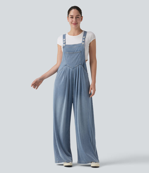 Adjustable Straps Draped Lyocell Casual Baggy Dungarees with Pockets — Malibu Blue Denim — view 1