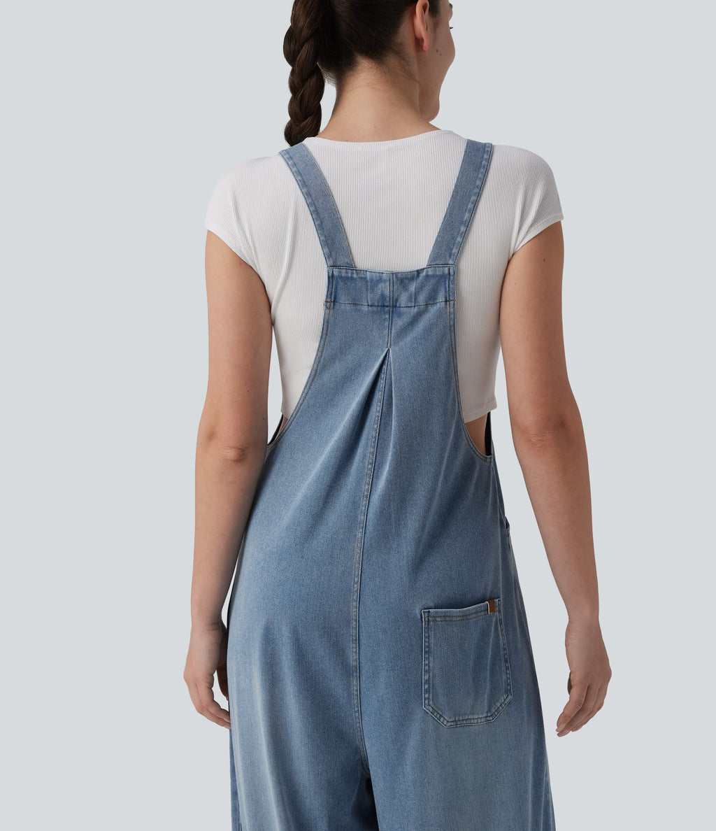 Adjustable Straps Draped Lyocell Casual Baggy Dungarees with Pockets — Malibu Blue Denim — view 5