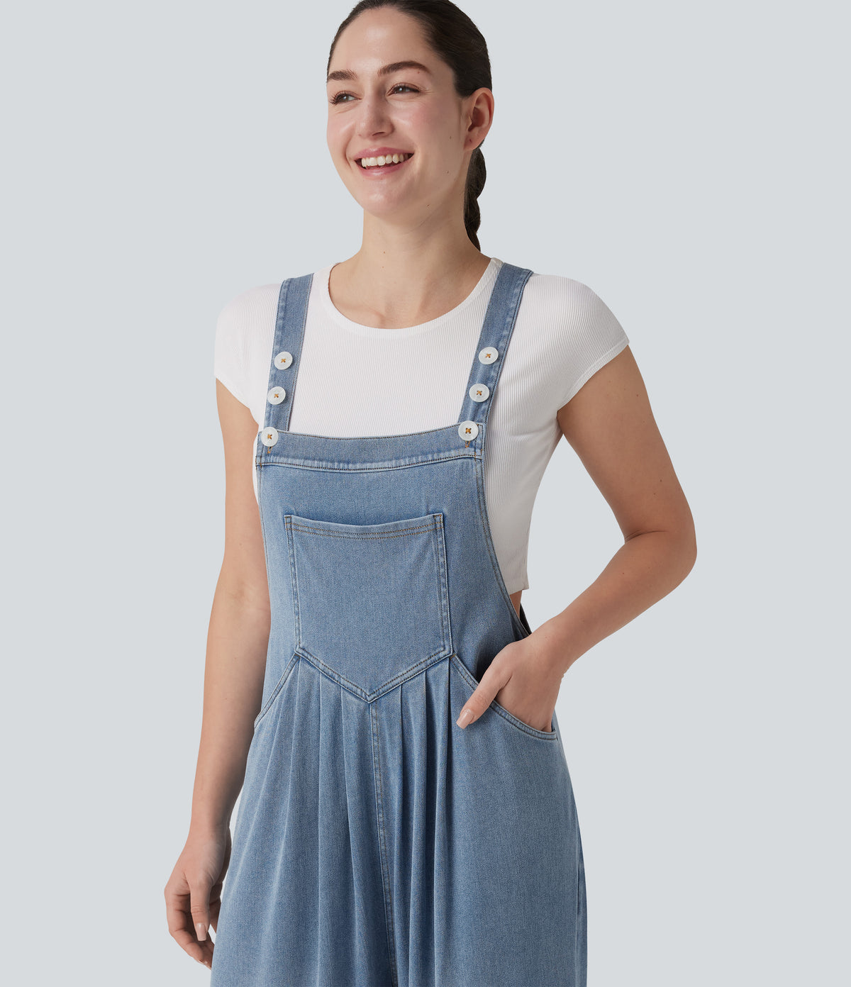 Adjustable Straps Draped Lyocell Casual Baggy Dungarees with Pockets — Malibu Blue Denim — view 4