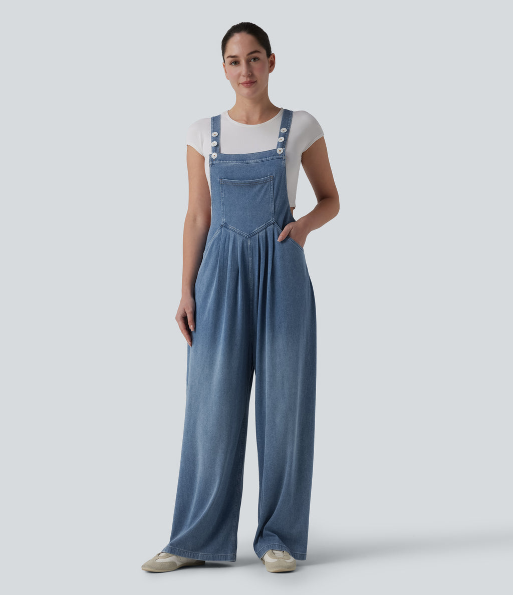 Adjustable Straps Draped Lyocell Casual Baggy Dungarees with Pockets — Blue Jasper Denim — view 8