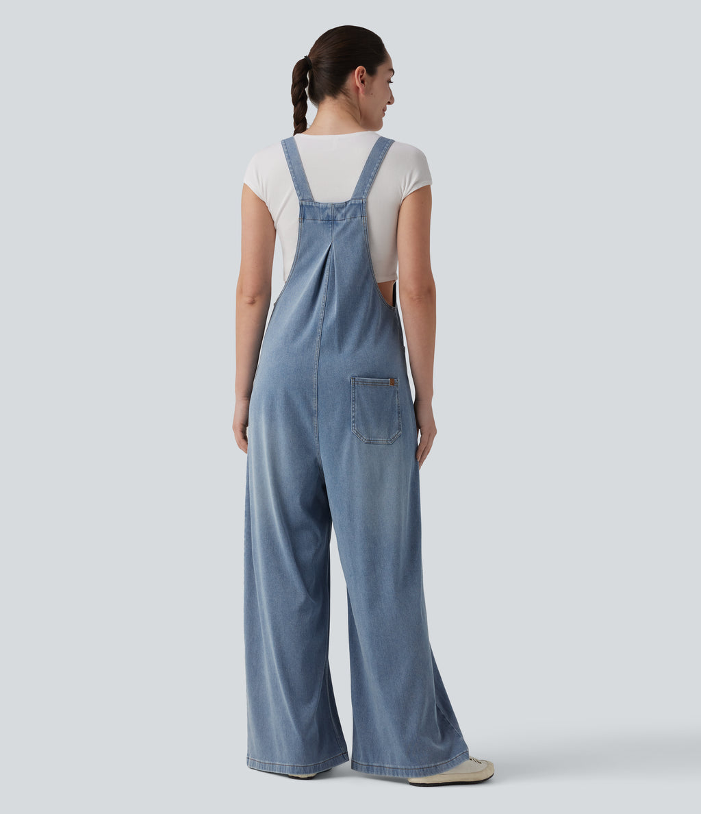 Adjustable Straps Draped Lyocell Casual Baggy Dungarees with Pockets — Malibu Blue Denim — view 2