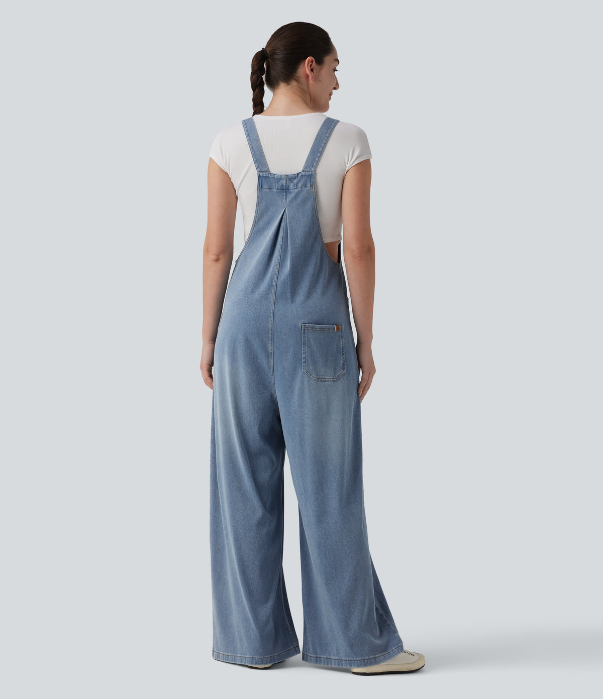 Adjustable Straps Draped Lyocell Casual Baggy Dungarees with Pockets — Malibu Blue Denim — view 2
