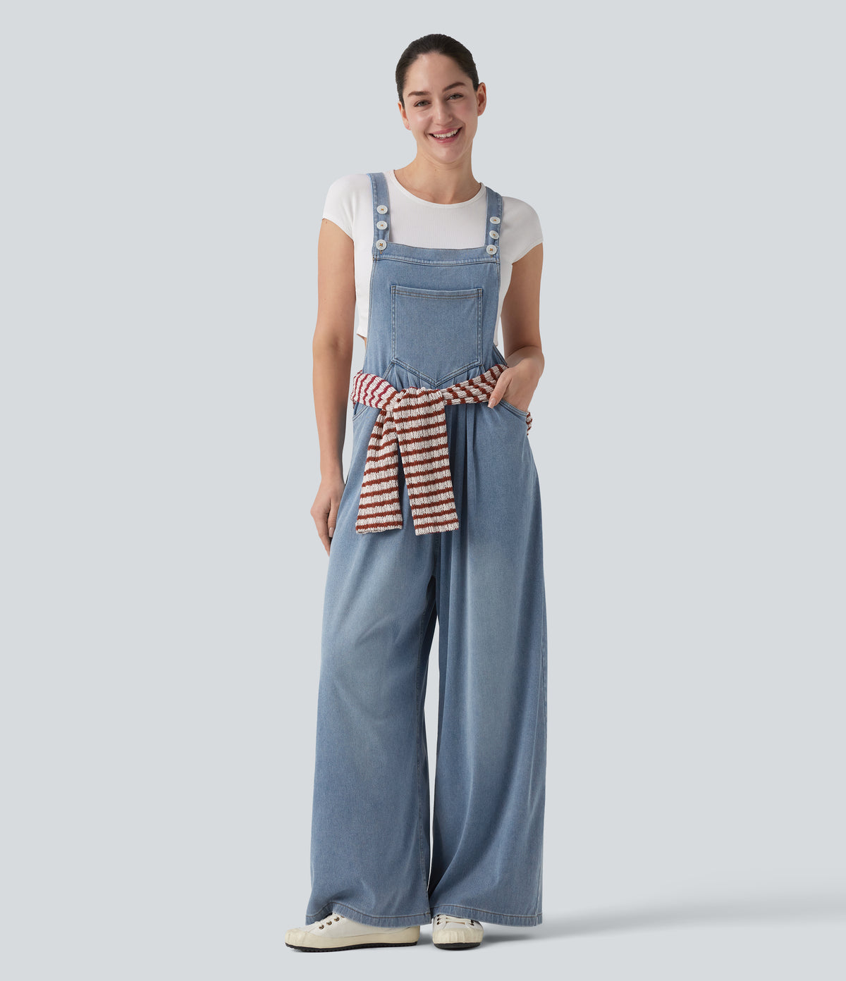 Adjustable Straps Draped Lyocell Casual Baggy Dungarees with Pockets — Malibu Blue Denim — view 6