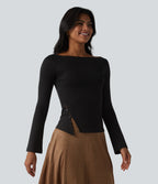 Boat Neck Long Sleeve Work Top — Black — view 4