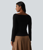 Boat Neck Long Sleeve Work Top — Black — view 2
