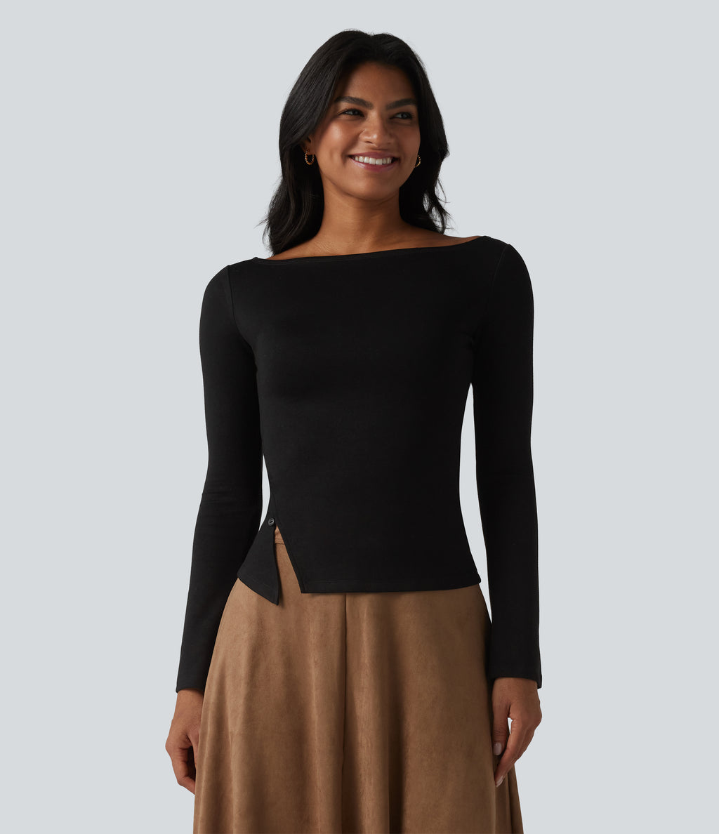 Boat Neck Long Sleeve Work Top — Black — view 3