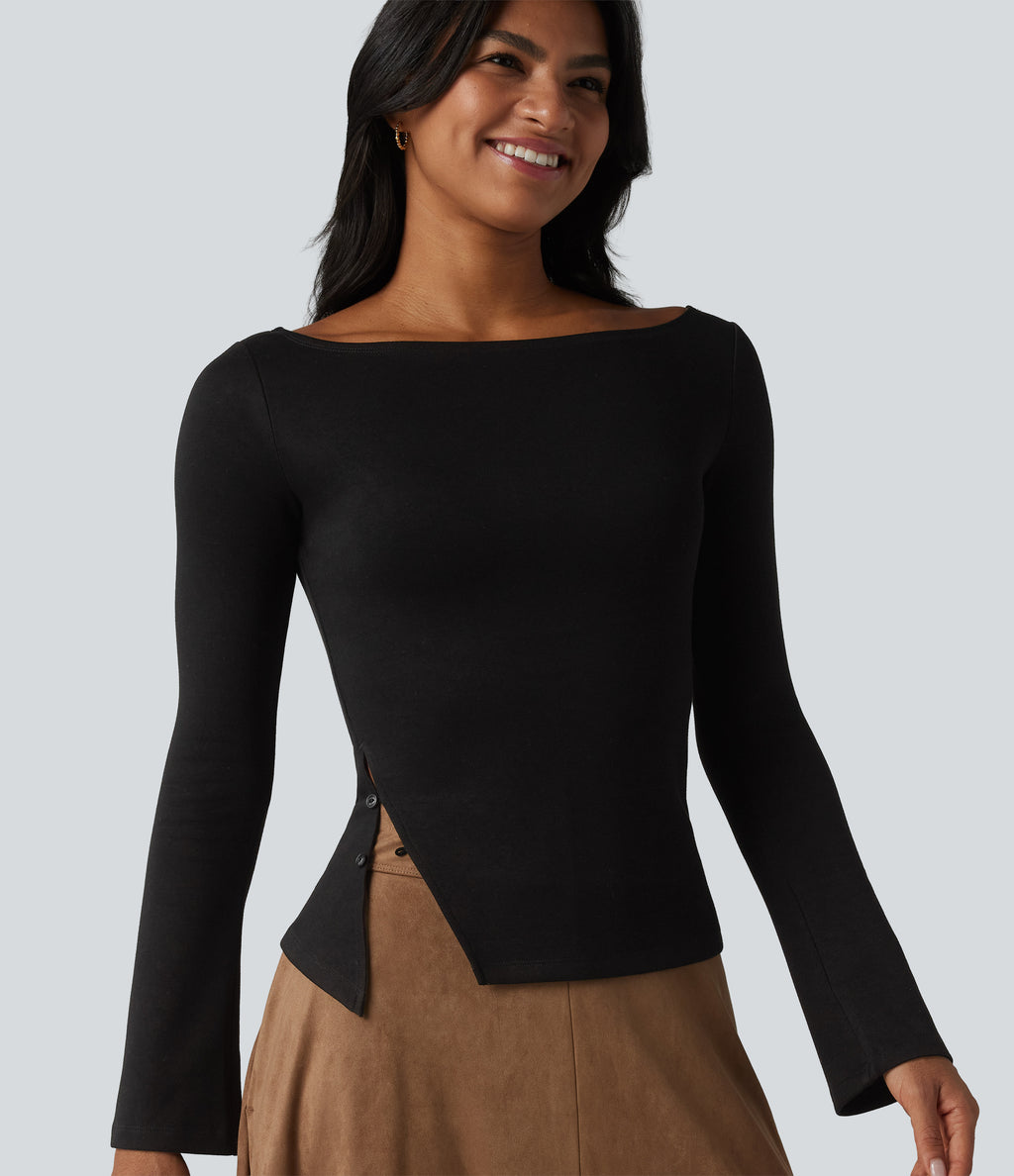 Boat Neck Long Sleeve Work Top — Black — view 1