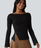 Boat Neck Long Sleeve Work Top — Black — view 1