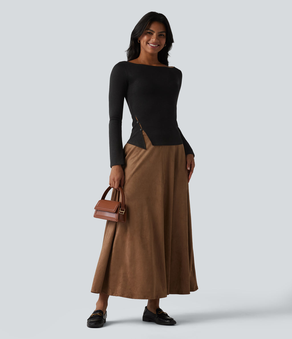 Boat Neck Long Sleeve Work Top — Black — view 6