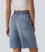 High Waisted Drawstring Denim Casual Shorts 9'' with Pockets — Malibu Blue Denim — view 2