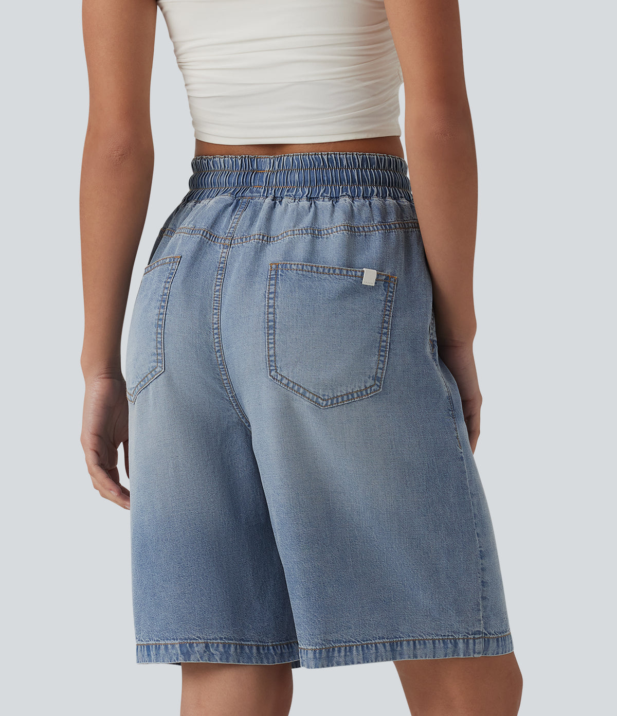 High Waisted Drawstring Denim Casual Shorts 9'' with Pockets — Malibu Blue Denim — view 2