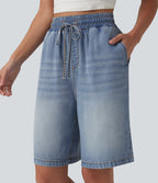 High Waisted Drawstring Denim Casual Shorts 9'' with Pockets — Malibu Blue Denim — view 5