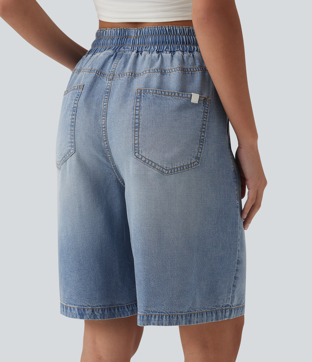 High Waisted Drawstring Denim Casual Shorts 9'' with Pockets — Malibu Blue Denim — view 4