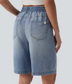 High Waisted Drawstring Denim Casual Shorts 9'' with Pockets — Malibu Blue Denim — view 4