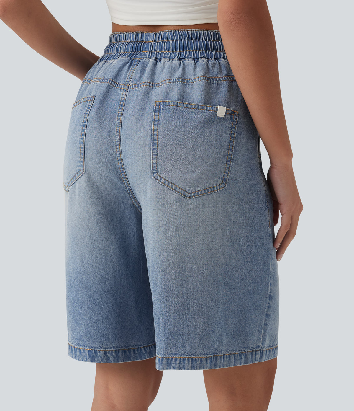 High Waisted Drawstring Denim Casual Shorts 9'' with Pockets — Malibu Blue Denim — view 4