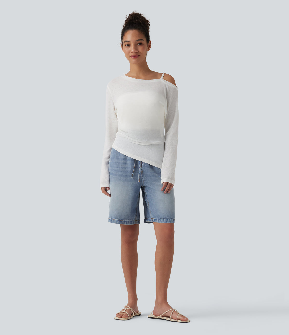 High Waisted Drawstring Denim Casual Shorts 9'' with Pockets — Malibu Blue Denim — view 6