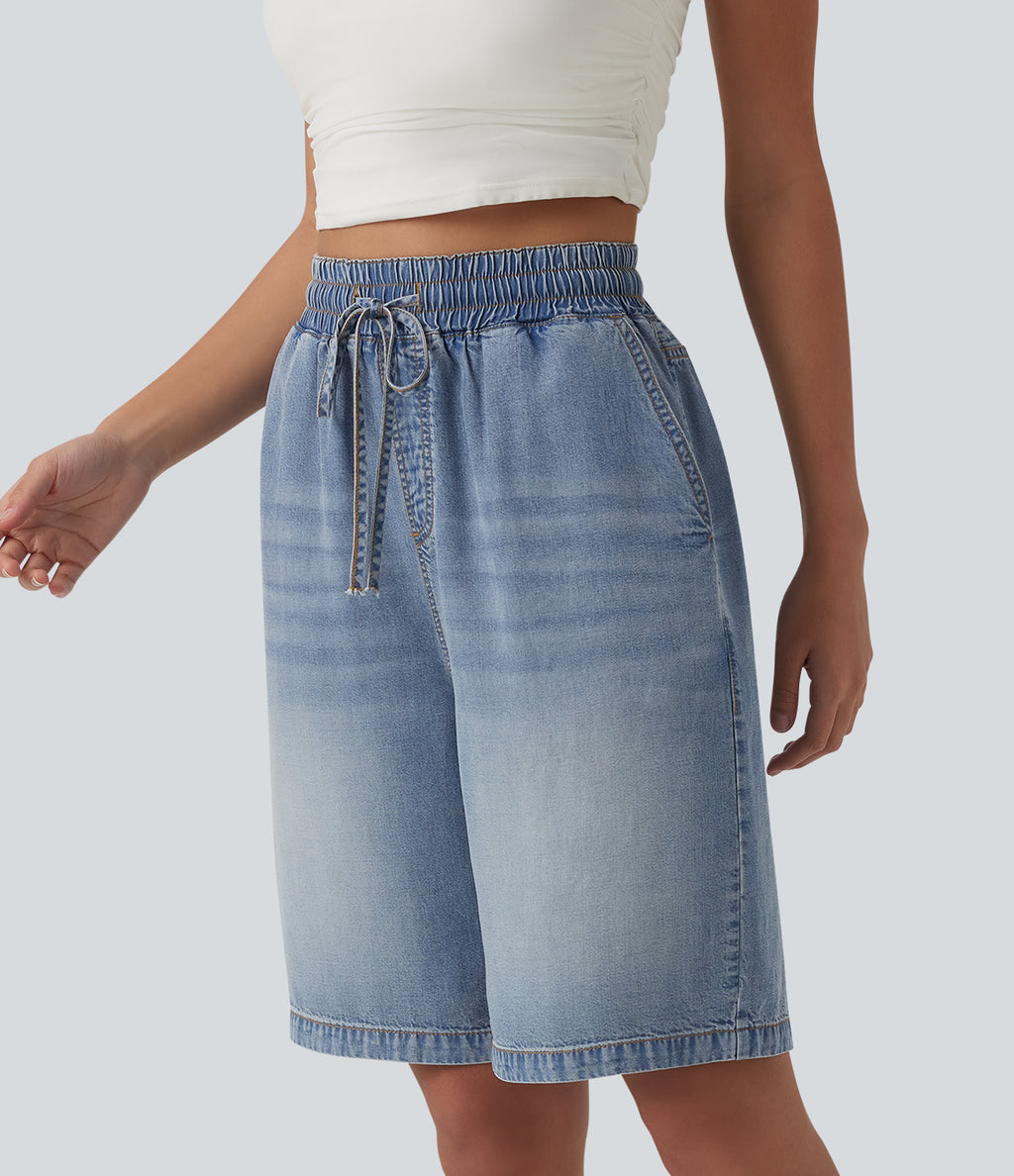 High Waisted Drawstring Denim Casual Shorts 9'' with Pockets — Malibu Blue Denim — view 3