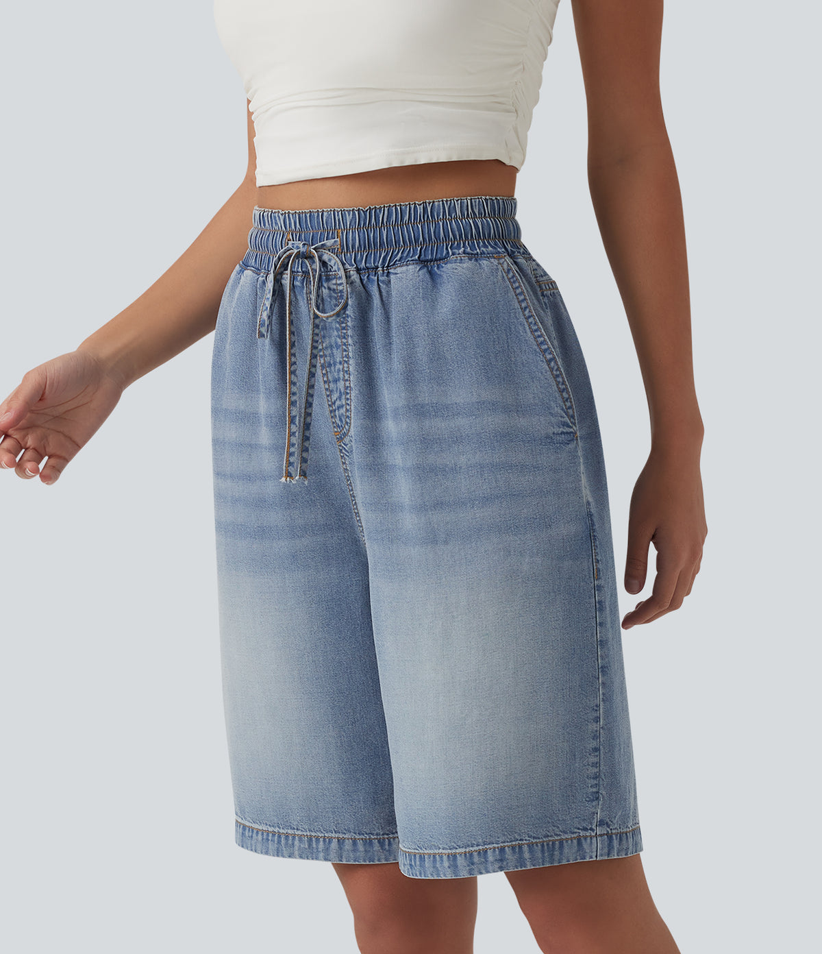 High Waisted Drawstring Denim Casual Shorts 9'' with Pockets — Malibu Blue Denim — view 3
